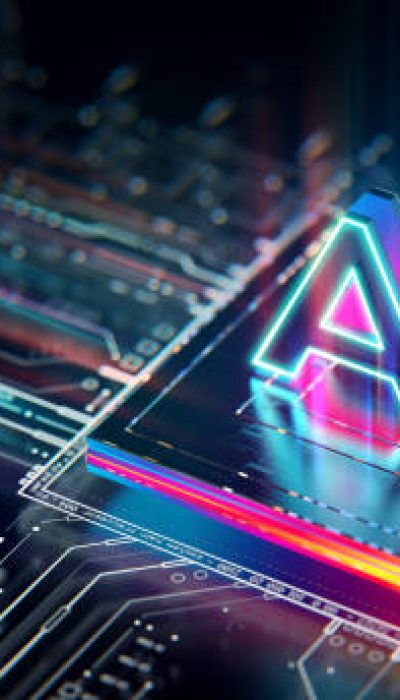 Artificial Intelligence processor unit. Powerful Quantum AI component on PCB motherboard with data transfers.