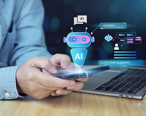 hand holding mobile phone showing AI chatbot interface. A digital chatbot handling live customer queries with an interactive helpdesk UI. Suitable for illustrating automation in business support.